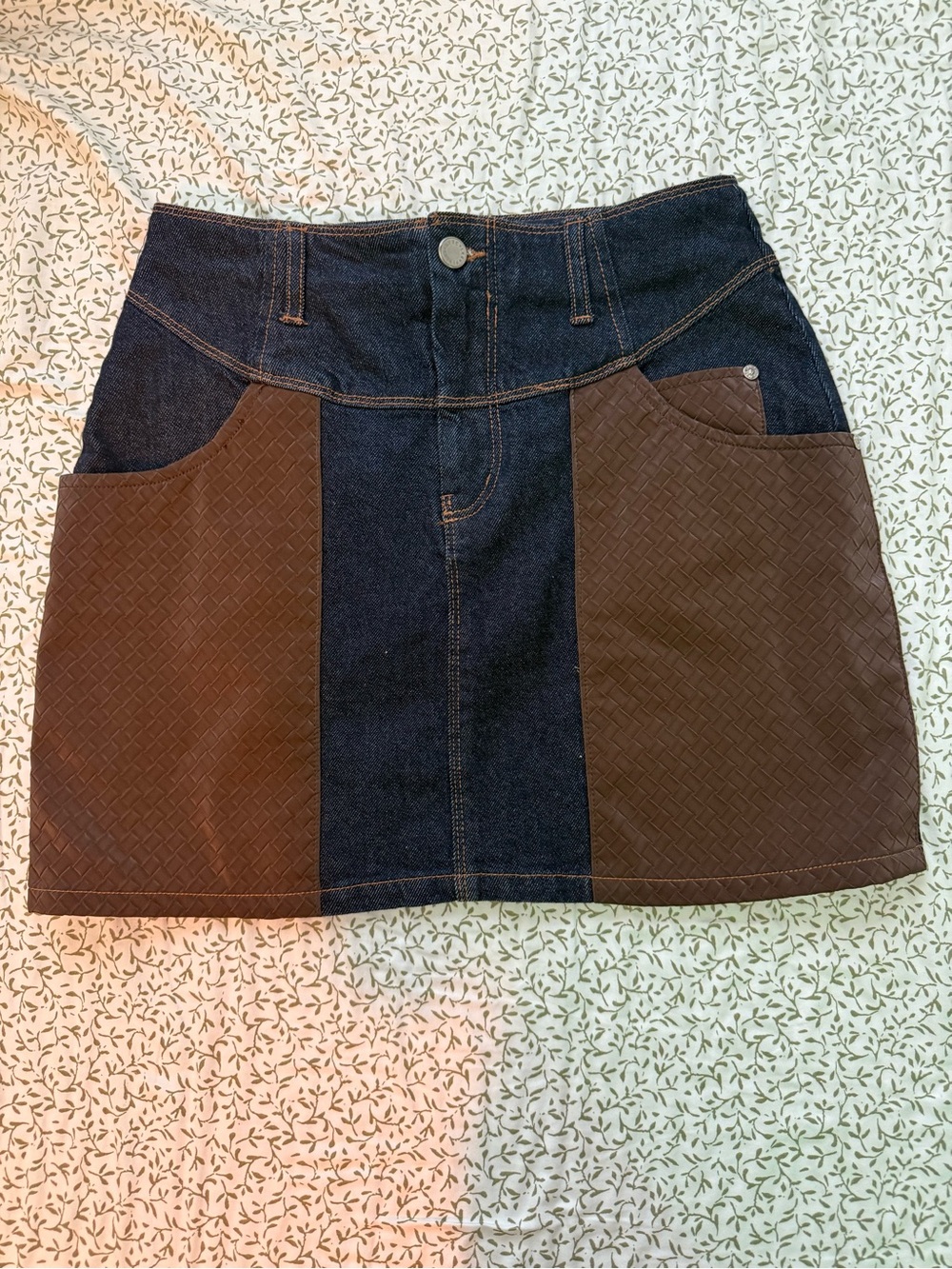 Avec Les Filles Denim & Brown Panel A-Line Mini Skirt
